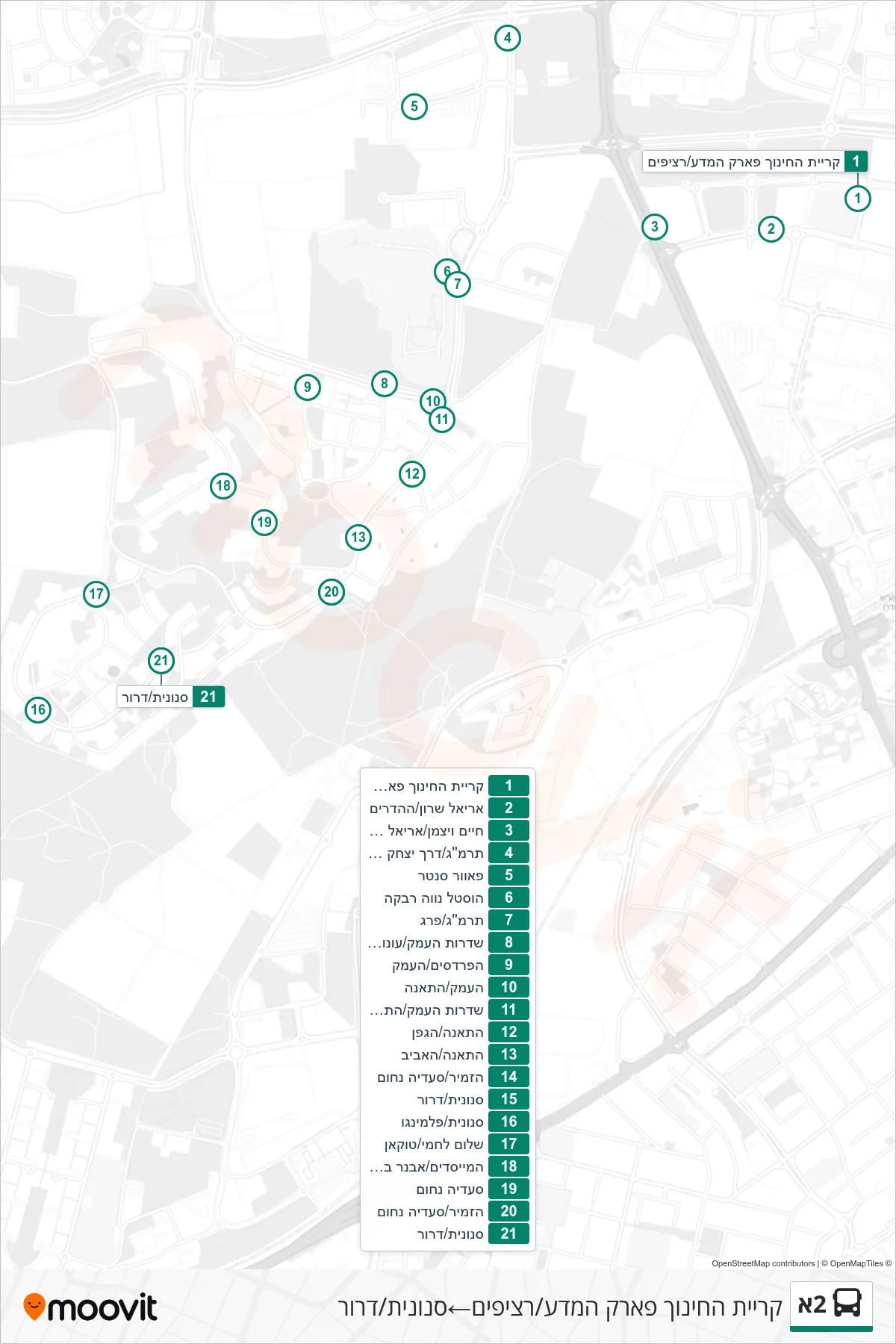 2A bus Line (Education Campus Park HaMada/Platforms‎→Snonit/Dror) route and stops on a map