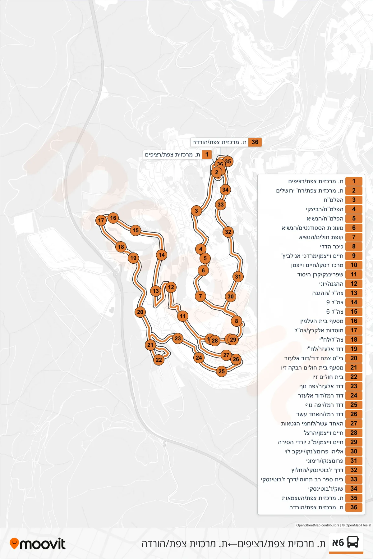 6A bus Line (Safed Central Station/Platforms‎→Safed Central Station/Drop Off) route and stops on a map