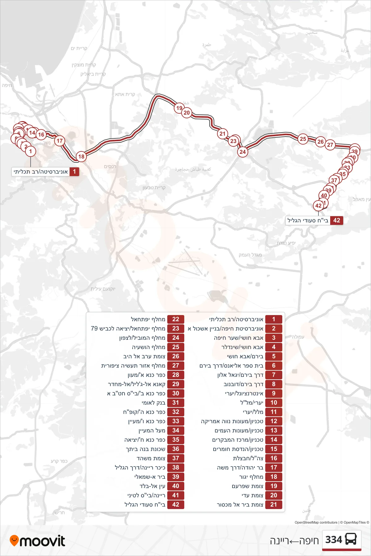 334  Line (Haifa‎→Reineh) route and stops on a map