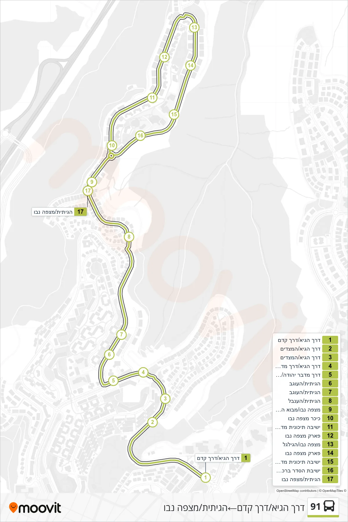 91 bus Line (HaGai Road/Kedem Road‎→HaGitit/Mitzpe Nevo) route and stops on a map