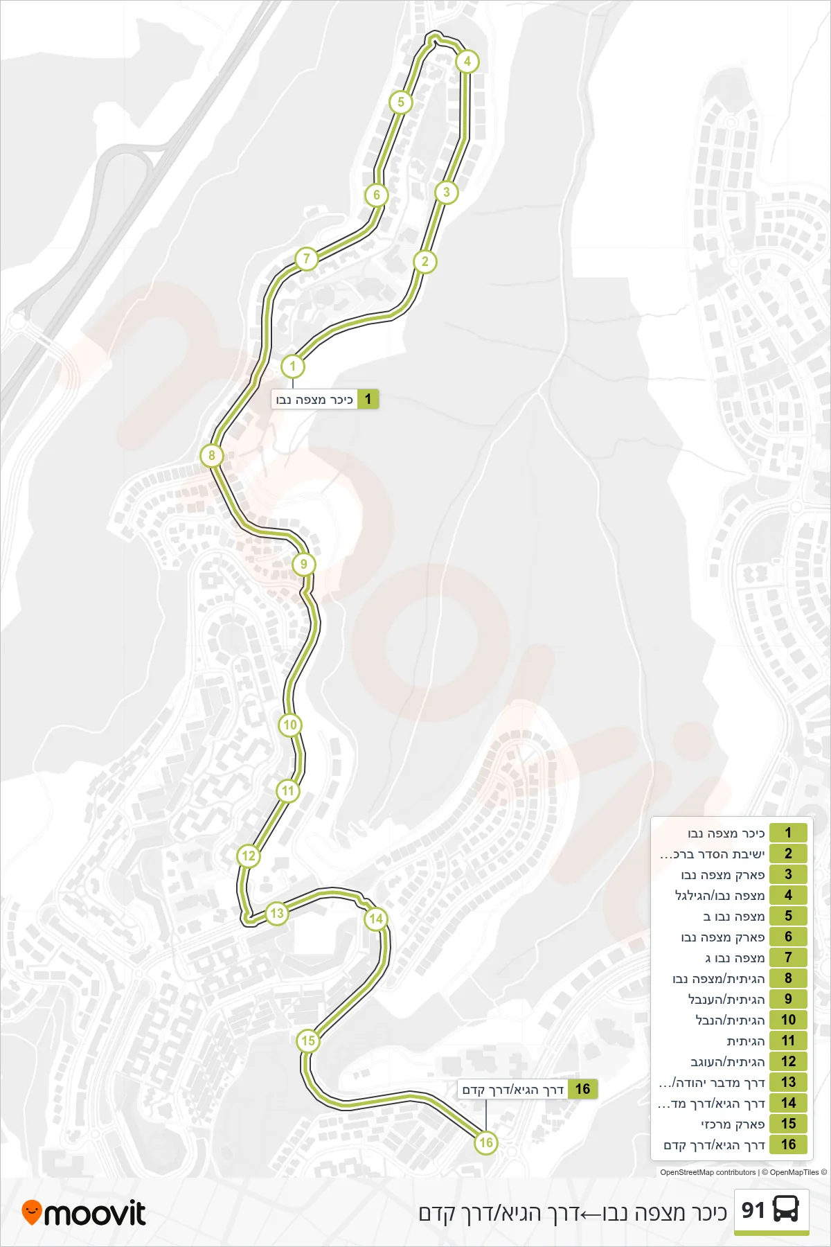 91  Line (Mitzpe Nevo Square‎→HaGai Road/Kedem Road) route and stops on a map