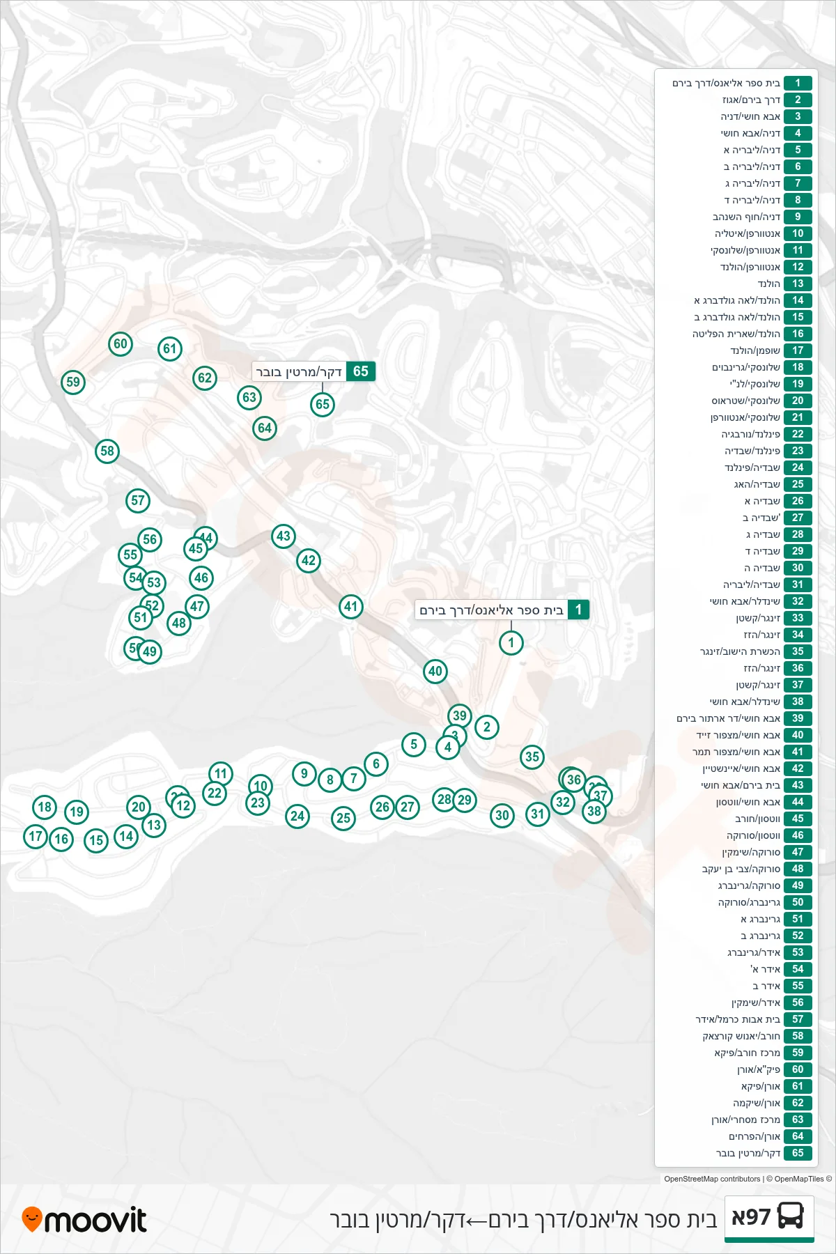 97A bus Line (Alliance School/Biram Road‎→Deker/Martin Buber) route and stops on a map