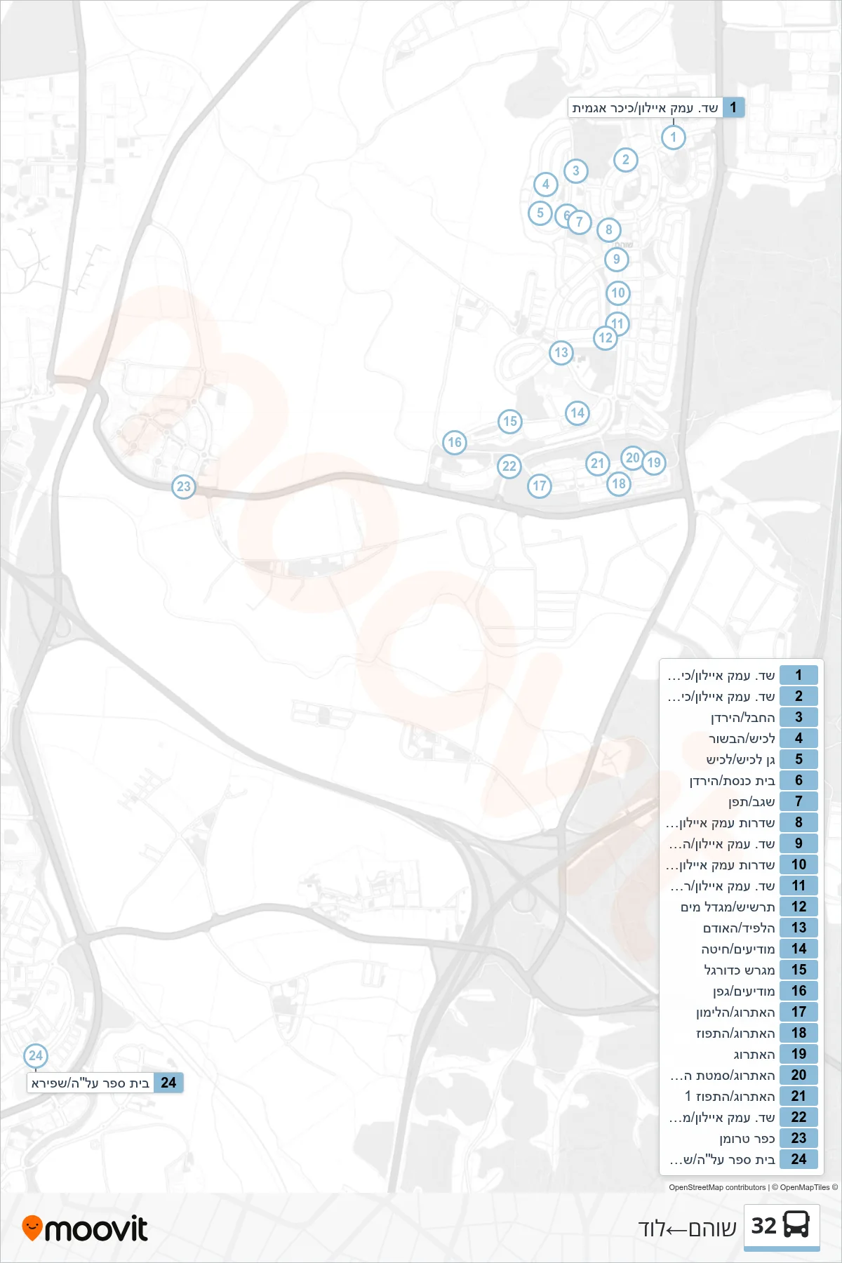 32 bus Line (Shoham‎→Lod) route and stops on a map