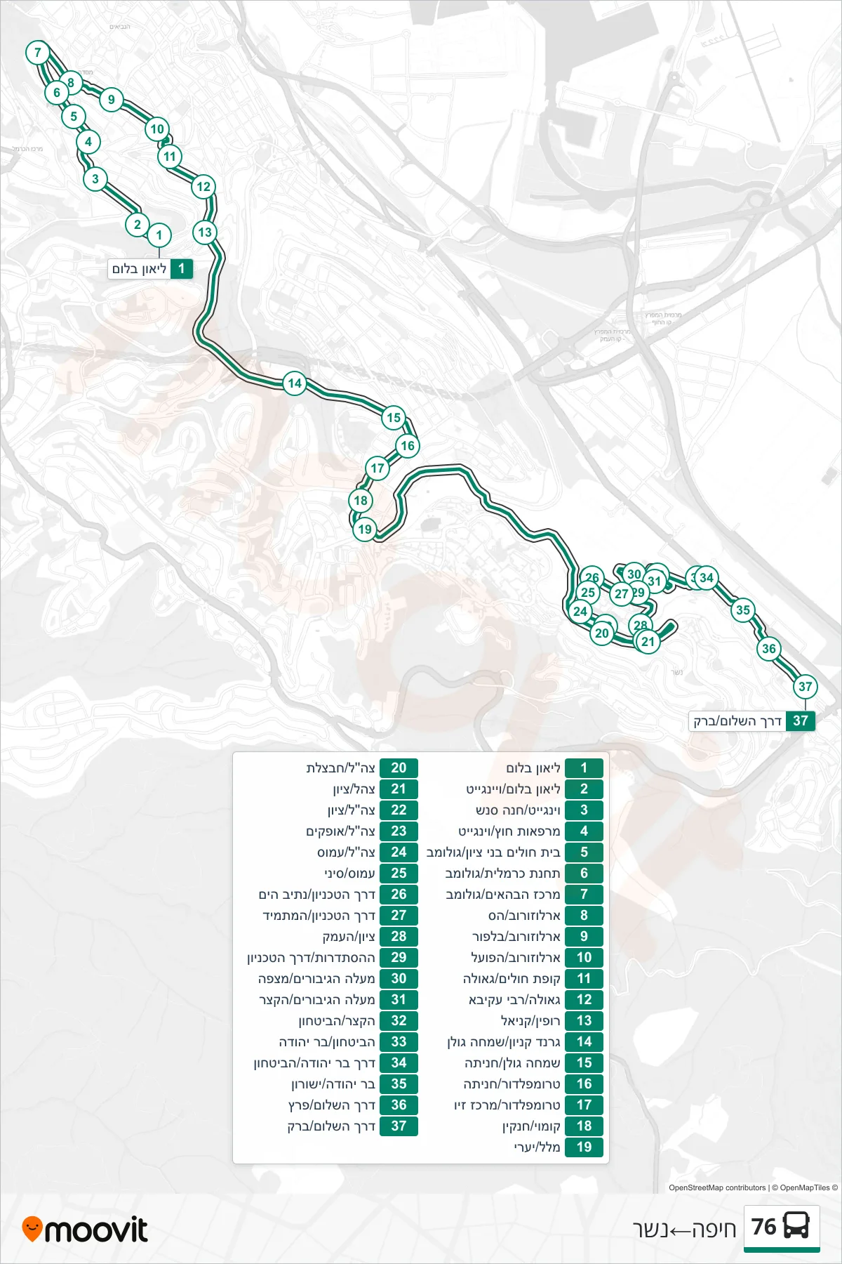 76 bus Line (Haifa→Nesher) route and stops on a map