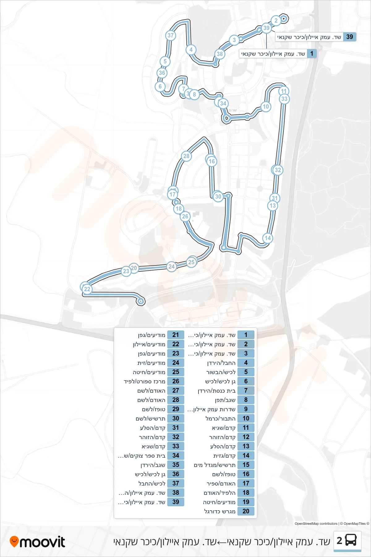 2 bus Line (Ayalon Valley Blvd/Shachnai Square‎→Ayalon Valley Blvd/Shachnai Square) route and stops on a map