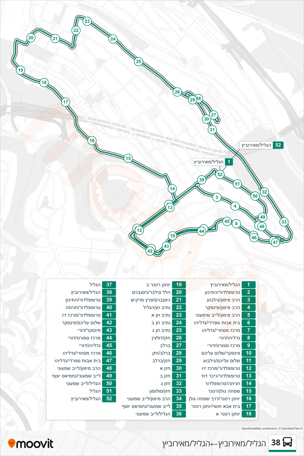 38 bus Line (HaGalil/Meirovich→HaGalil/Meirovich) route and stops on a map
