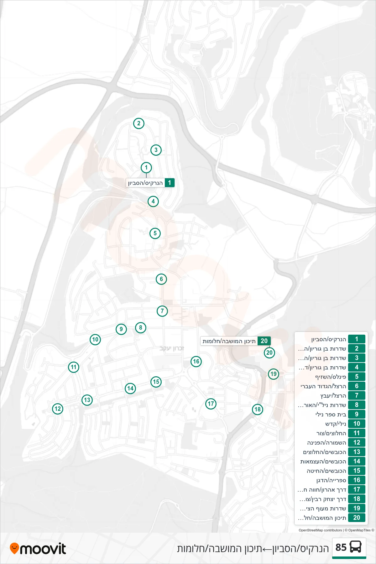85 bus Line (HaNarkis/HaSivyon‎→Moshava High School/Halomot) route and stops on a map