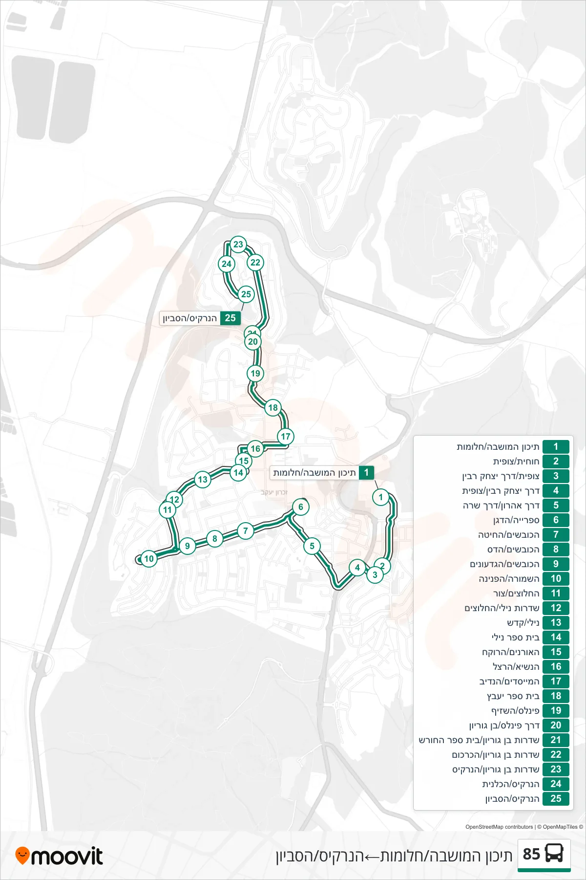 85 bus Line (Moshava High School/Halomot‎→HaNarkis/HaSivyon) route and stops on a map