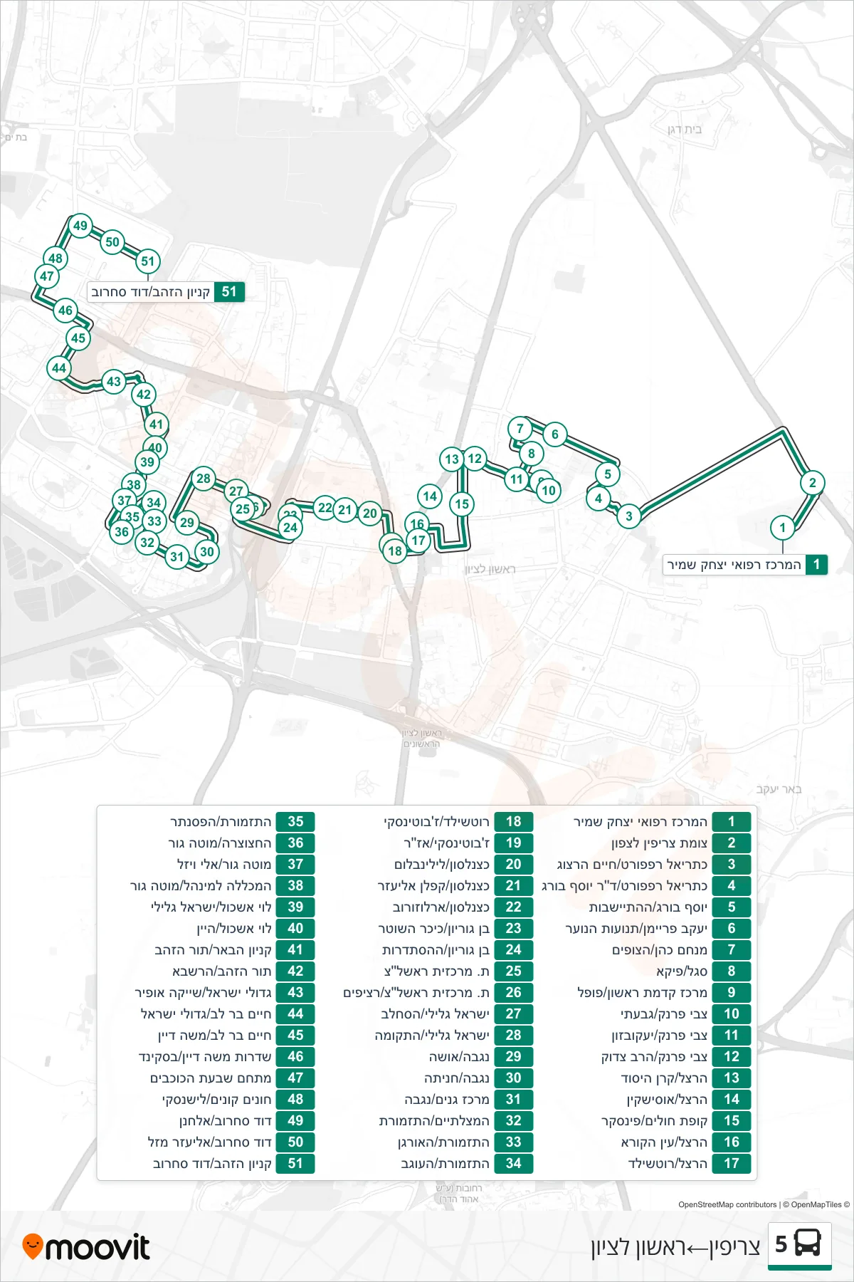5 bus Line (Tzrifin‎→Rishon LeZion) route and stops on a map