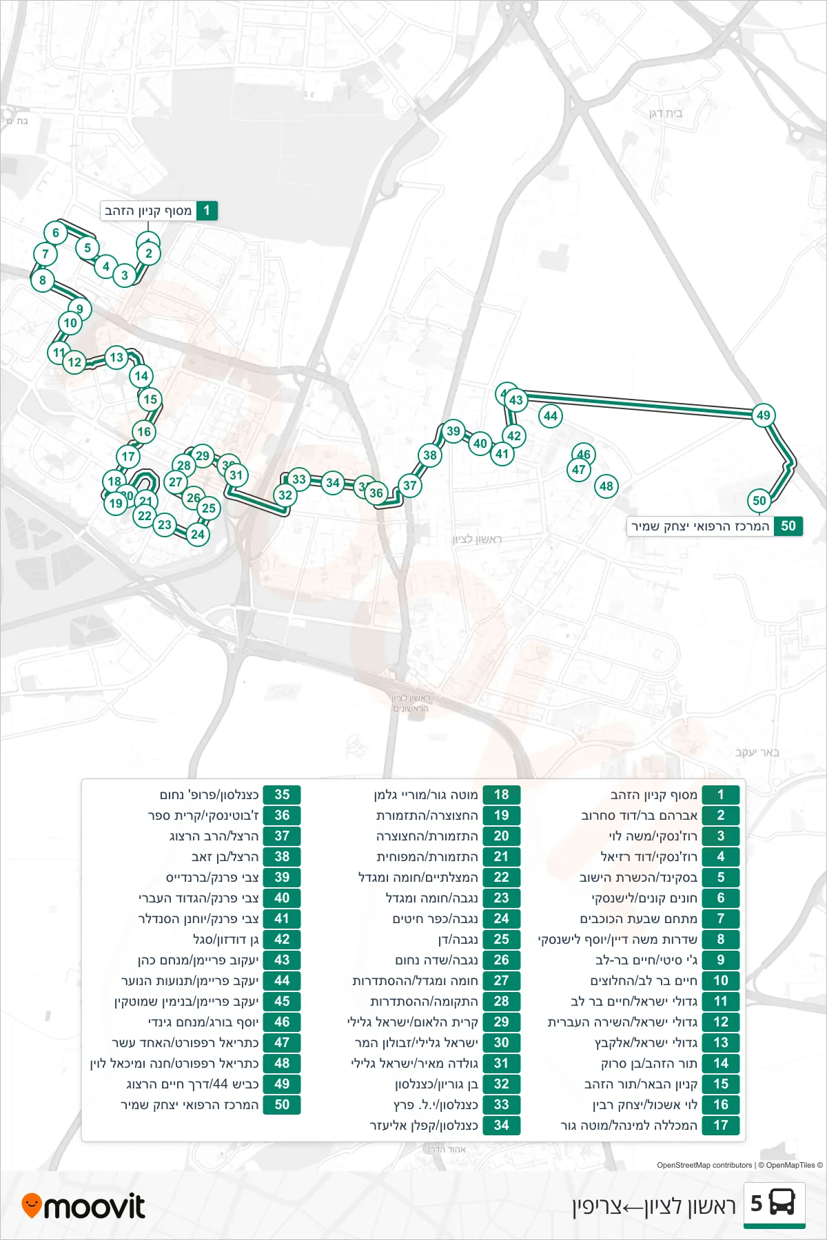5 bus Line (Rishon LeZion‎→Tzrifin) route and stops on a map