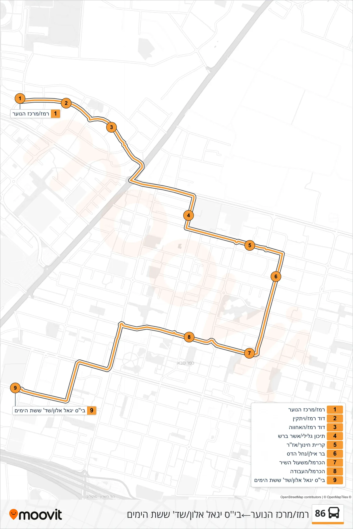 86 bus Line (Remez/Youth Center→Yigal Allon School/Six Day War Blvd) route and stops on a map