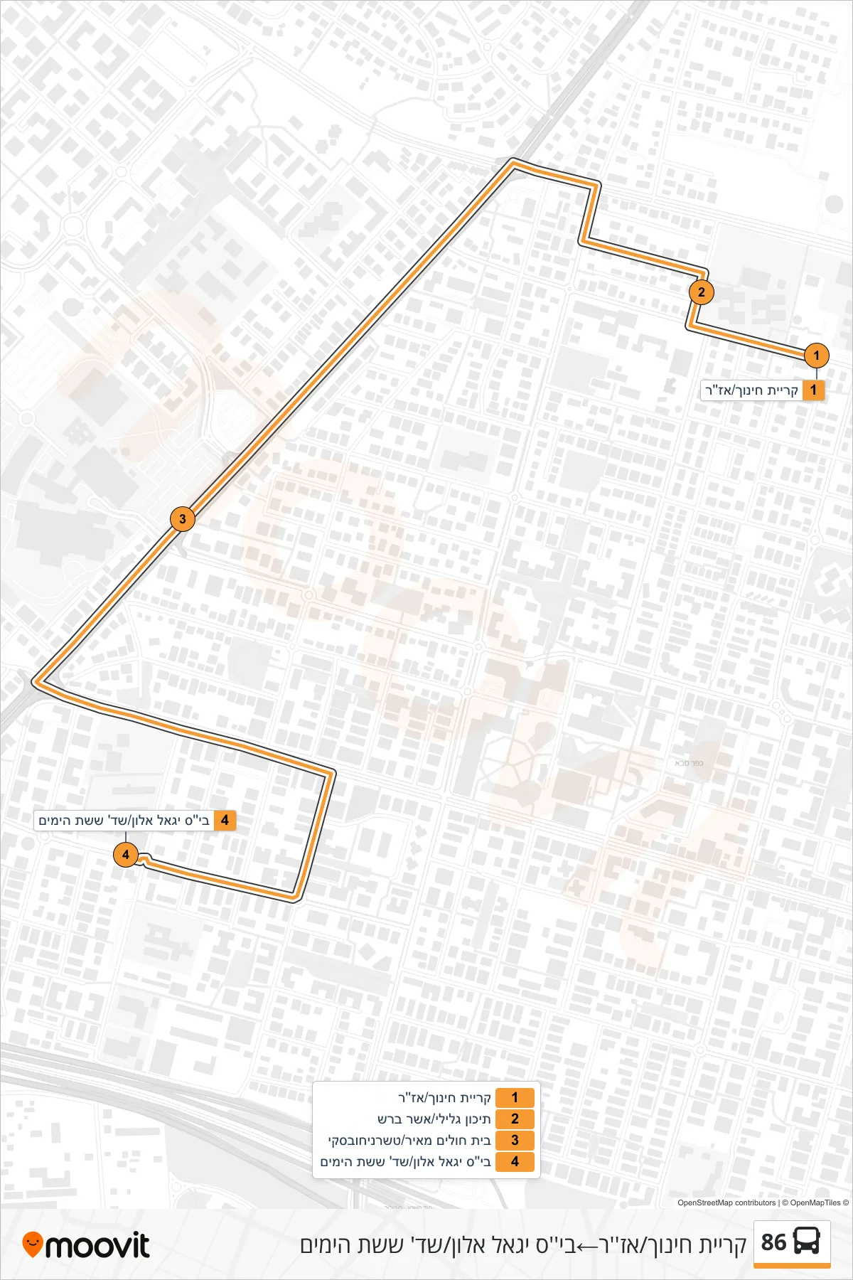 86 bus Line (Education Campus/Azar→Yigal Allon School/Six Day War Blvd) route and stops on a map