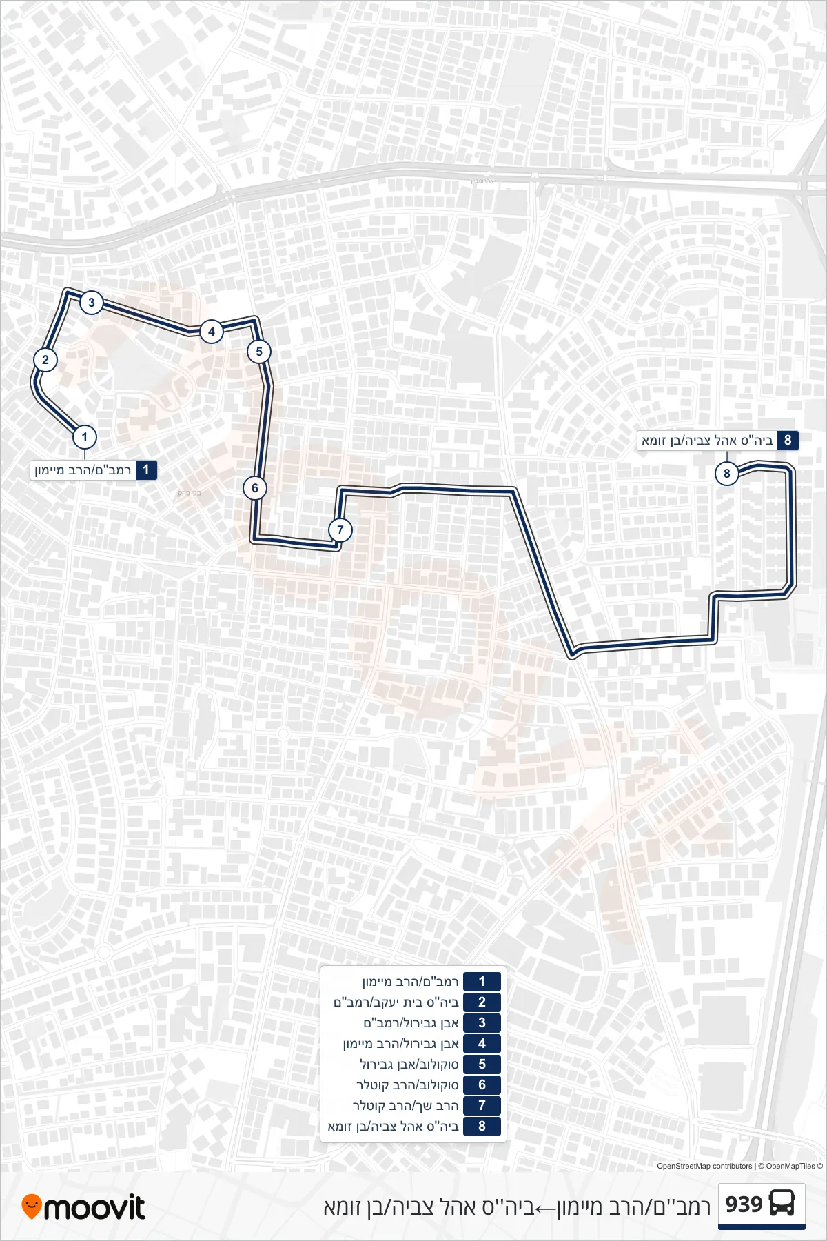 939 bus Line (Rambam/HaRav Maimon‎→Ohel Tzvia School/Ben Zoma) route and stops on a map