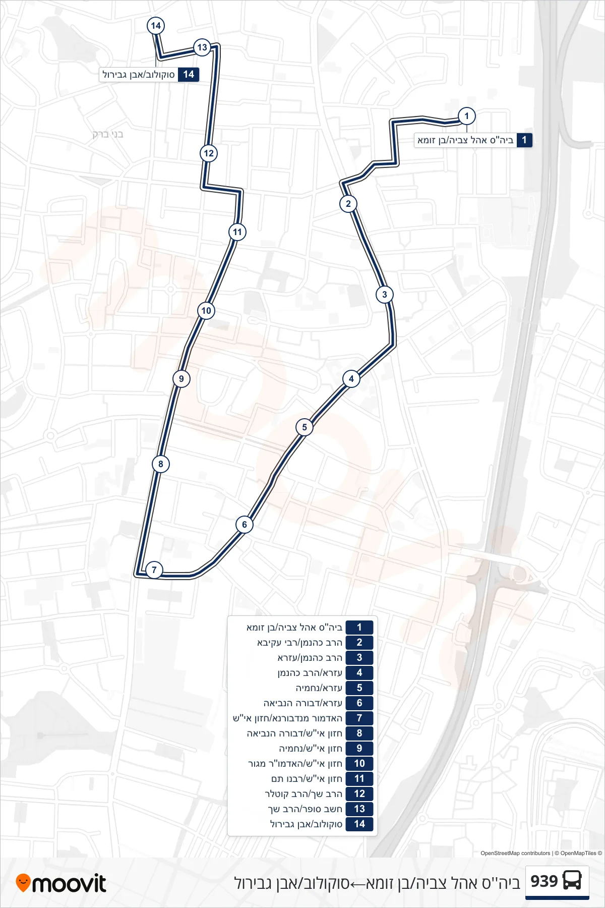 939 bus Line (Ohel Tzvia School/Ben Zoma‎→Sokolov/Ibn Gabirol) route and stops on a map