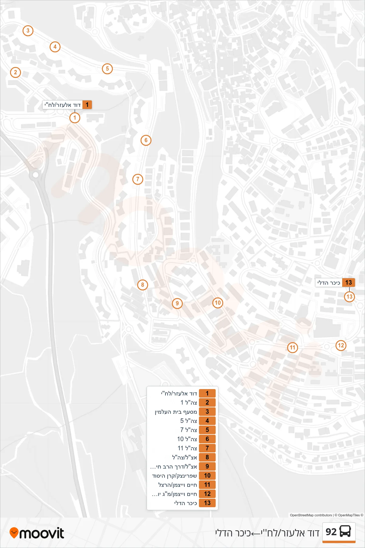 92 bus Line (David Elazar/Lehi‎→HaDli Square) route and stops on a map