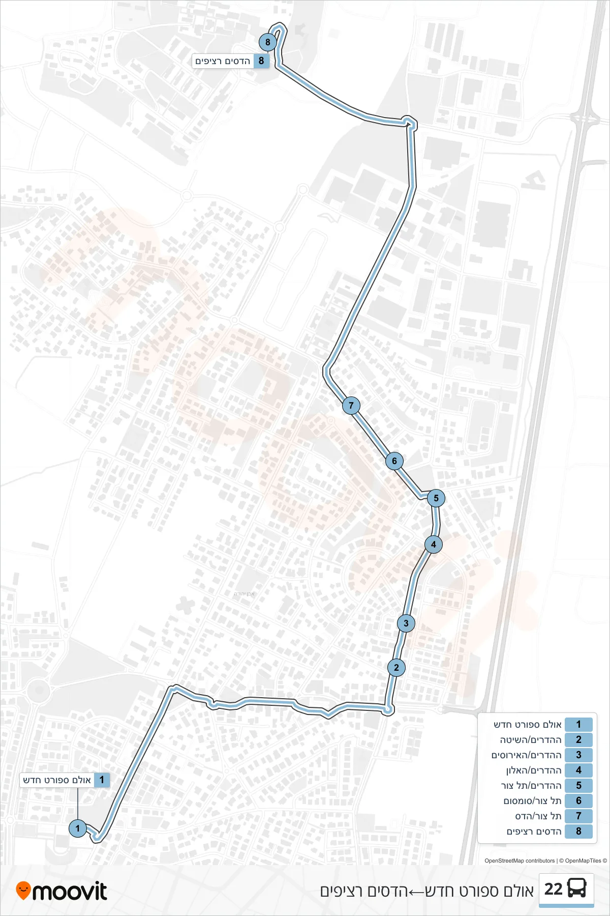 22 bus Line (New Sports Hall‎→Hadasim Platforms) route and stops on a map