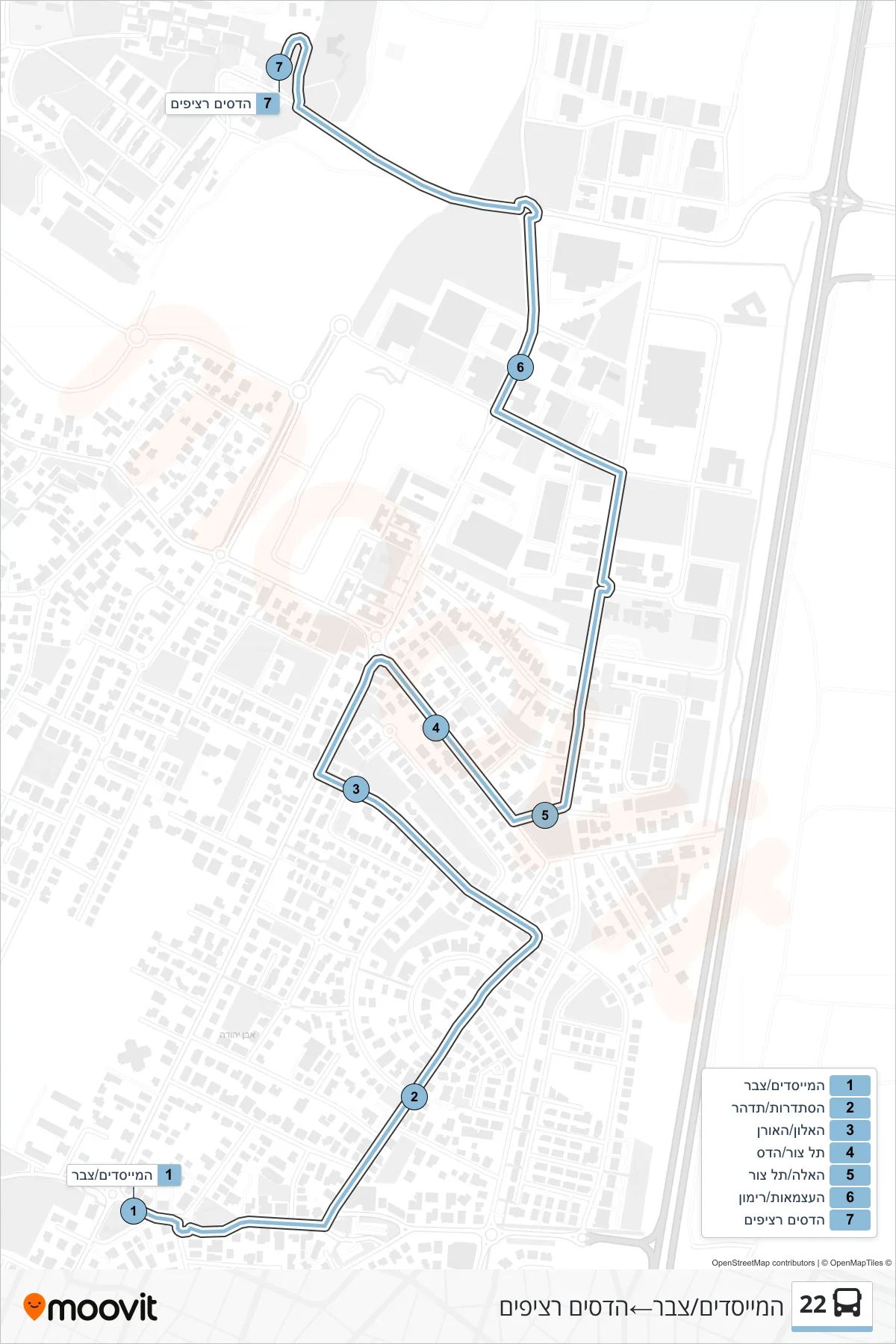22  Line (HaMeyasdim/Tzabar‎→Hadasim Platforms) route and stops on a map