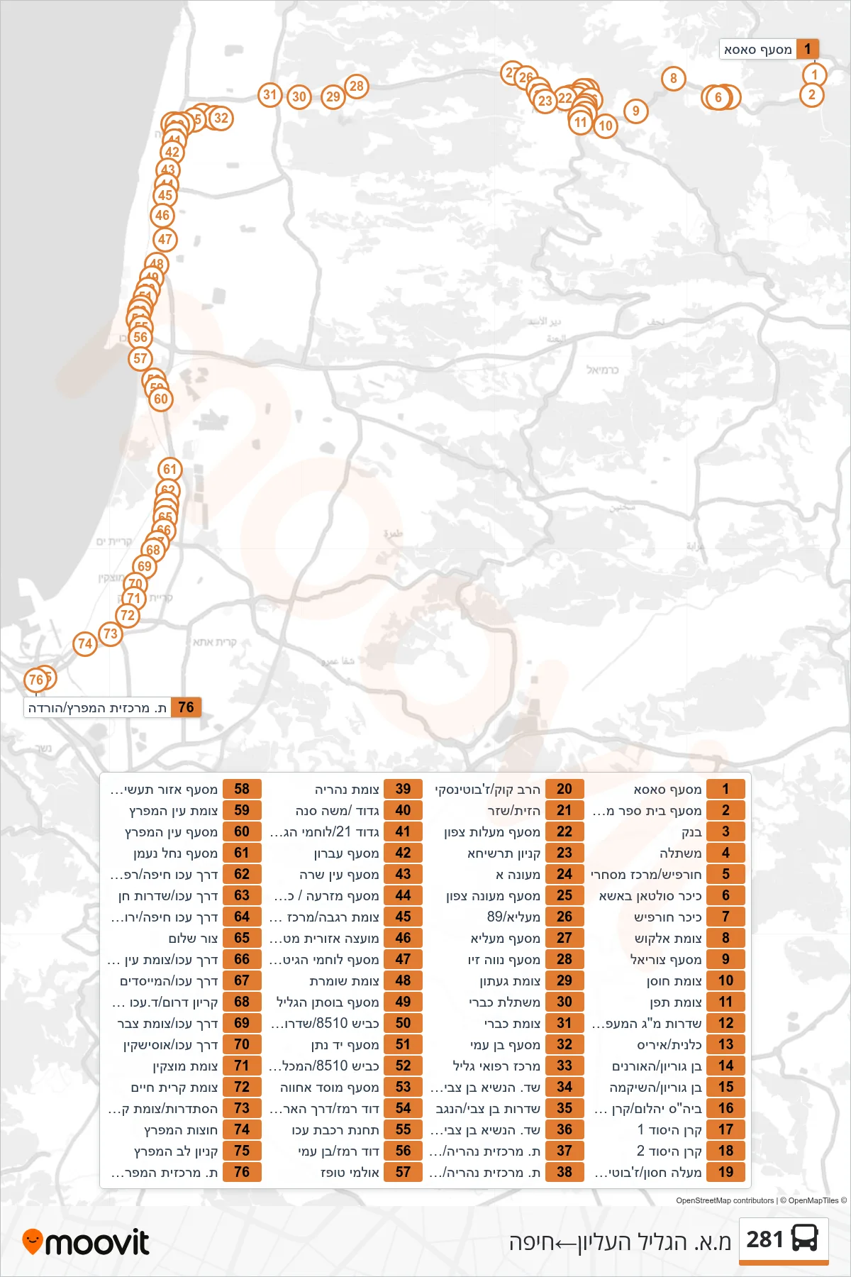281 bus Line (Upper Galilee Regional Council‎→Haifa) route and stops on a map