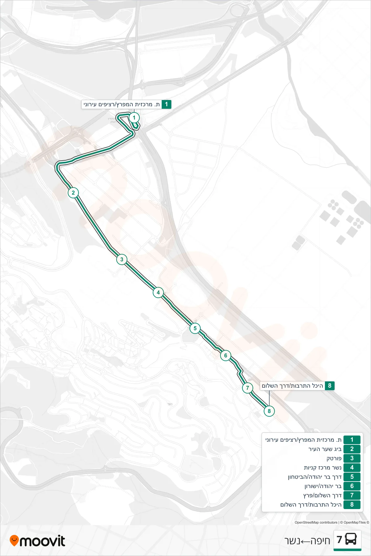 7 bus Line (Haifa‎→Nesher) route and stops on a map