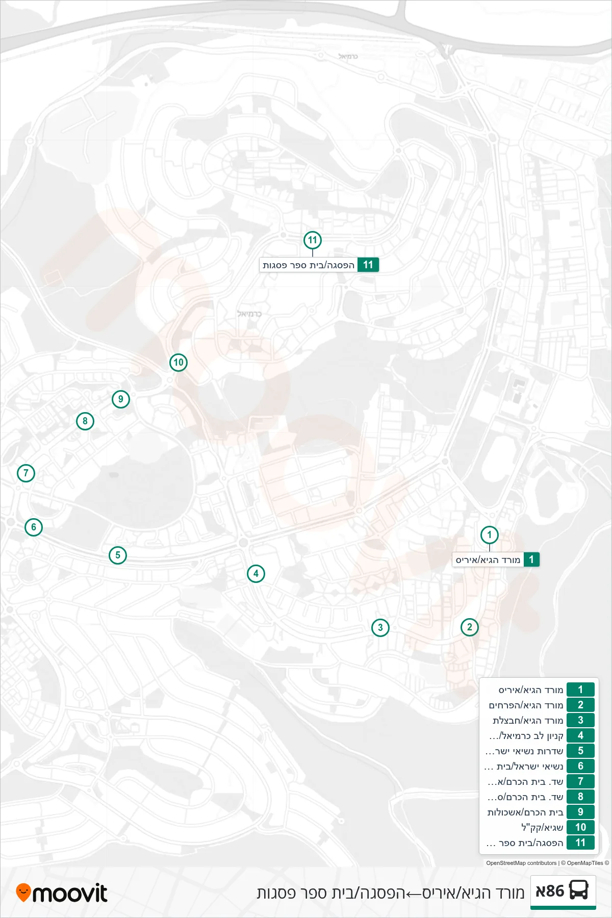 86A bus Line (Morad HaGai/Iris‎→HaPisga/Pisgot School) route and stops on a map