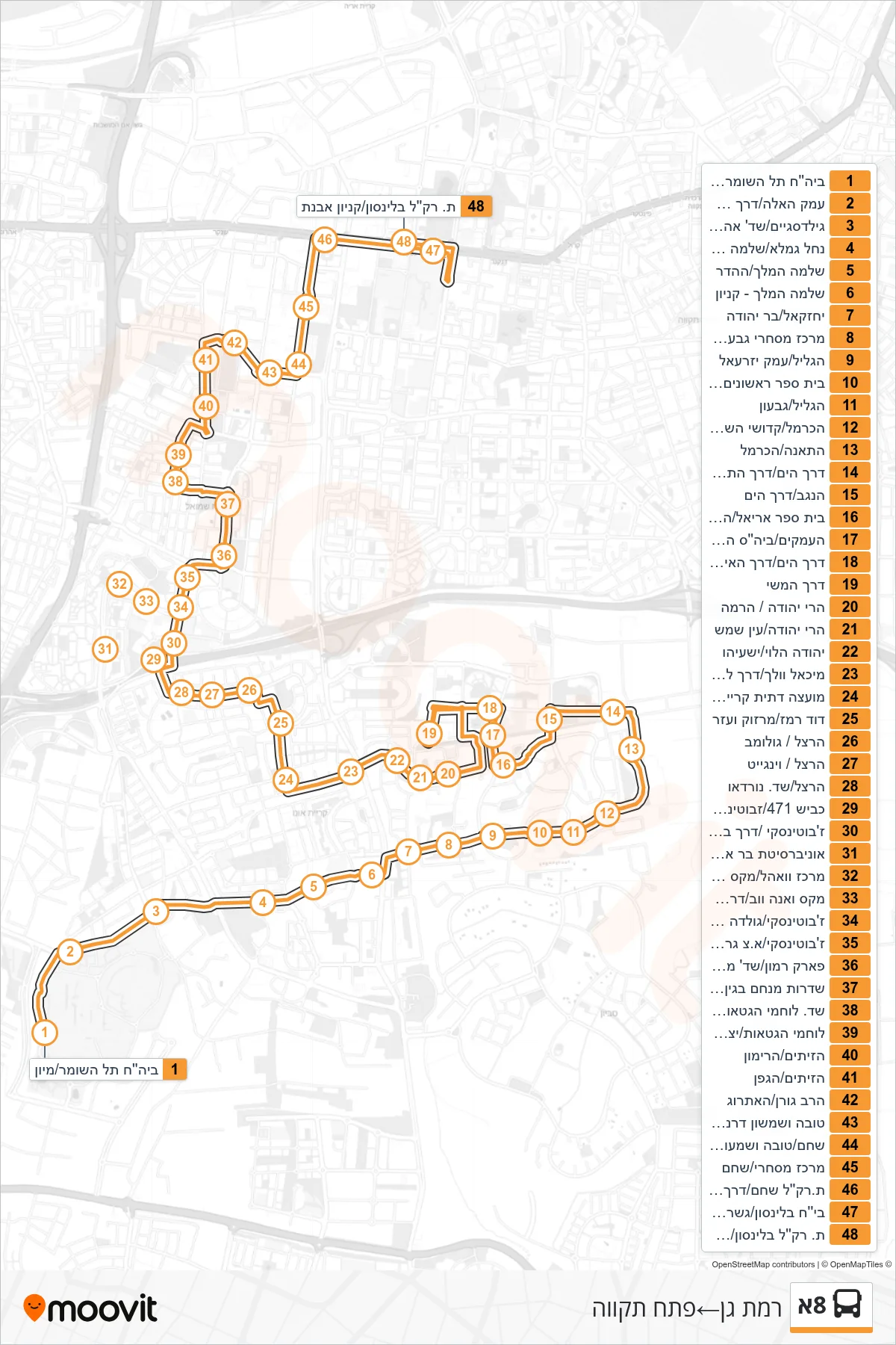 8A bus Line (Ramat Gan‎→Petah Tikva) route and stops on a map