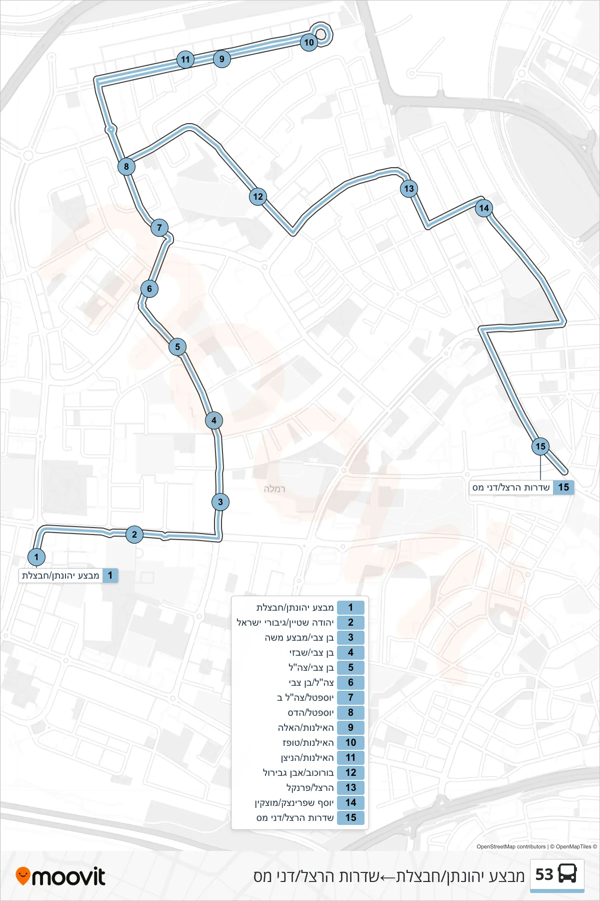 53  Line (Mivtza Yehonatan/Havatzelet‎→Herzl Boulevard/Danny Mass) route and stops on a map