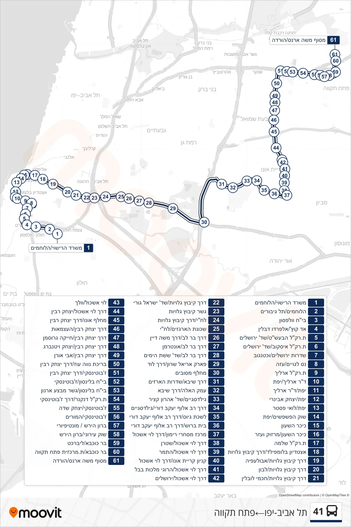 41 bus Line (Tel Aviv-Yafo‎→Petah Tikva) route and stops on a map