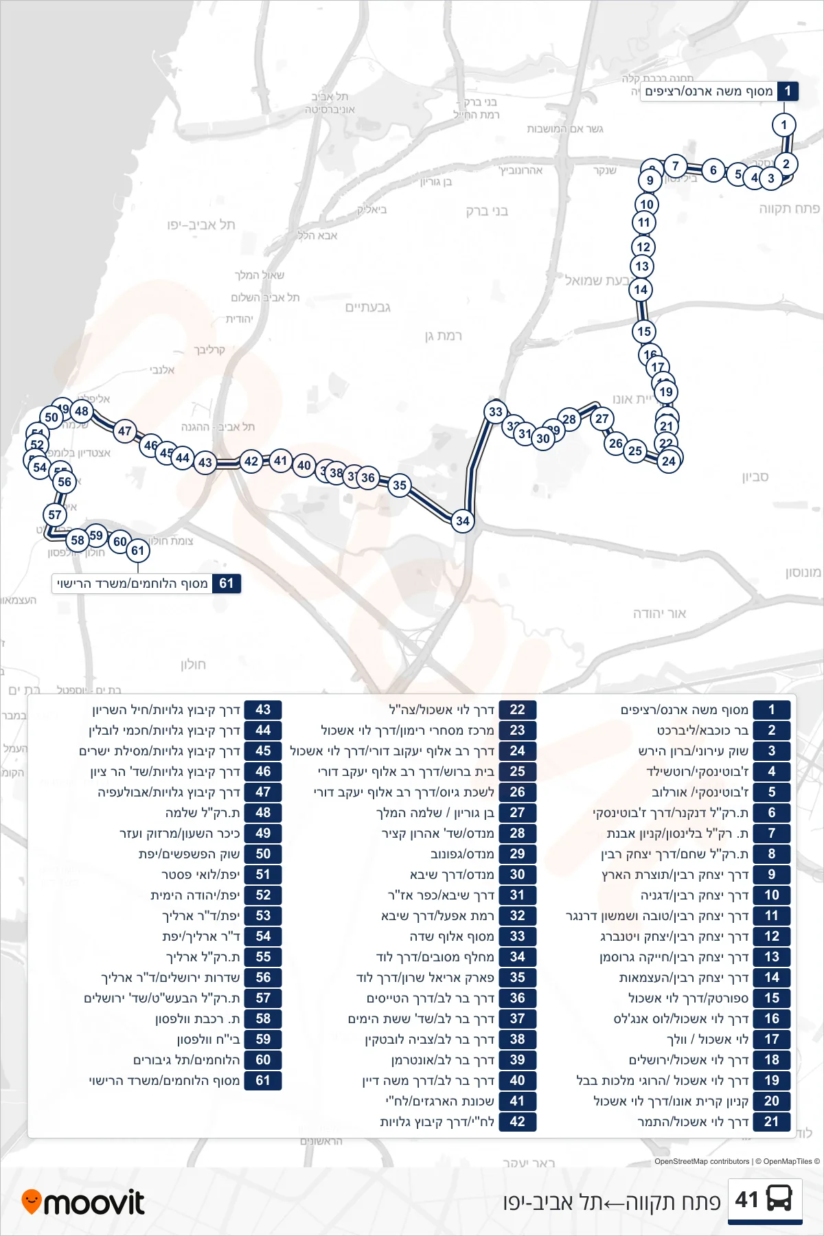 41  Line (Petah Tikva‎→Tel Aviv-Yafo) route and stops on a map