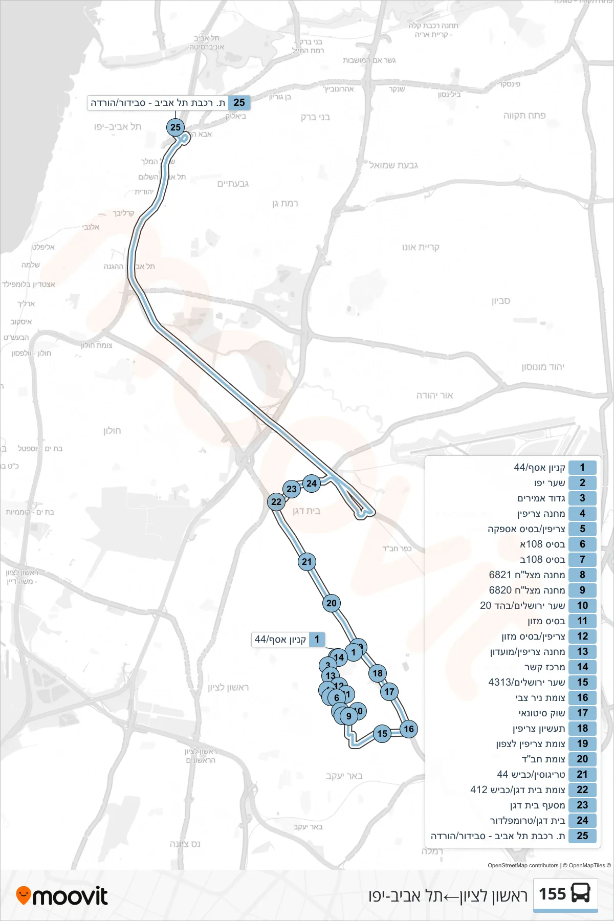 155 bus Line (Rishon LeZion→Tel Aviv-Yafo) route and stops on a map