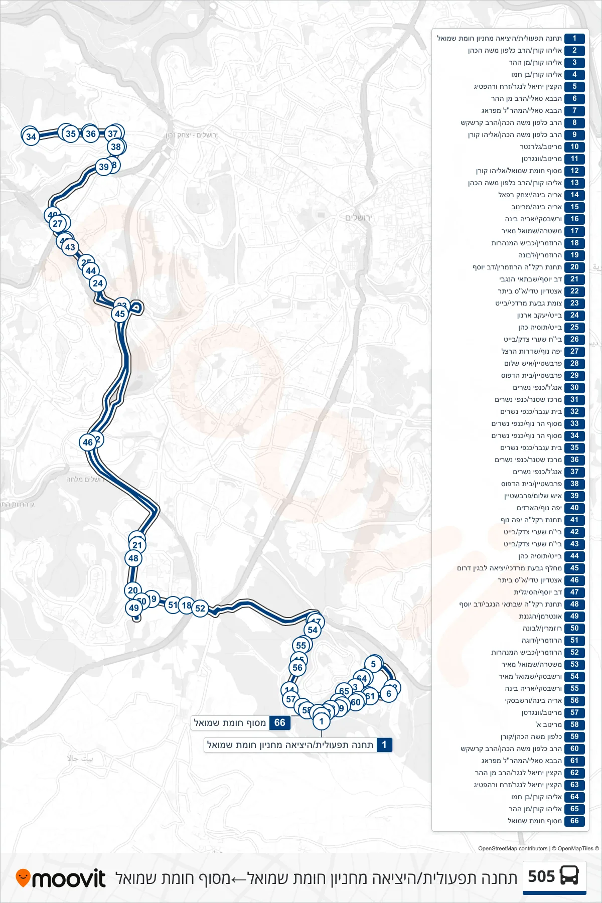 505 bus Line (Operational Station/Homat Shmuel Parking Exit‎→Homat Shmuel Terminal) route and stops on a map