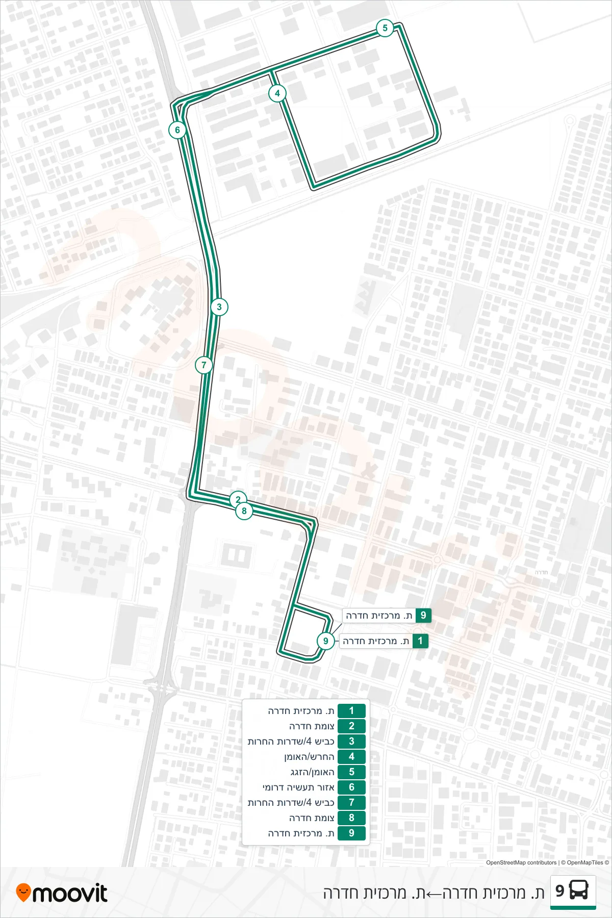 9 bus Line (Hadera Central Station‎→Hadera Central Station) route and stops on a map