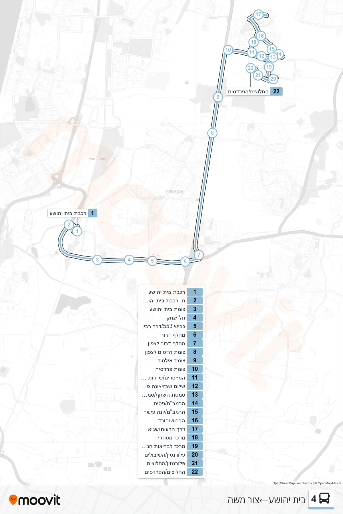 4 bus Line (Beit Yehoshua‎→Tzur Moshe) route and stops on a map
