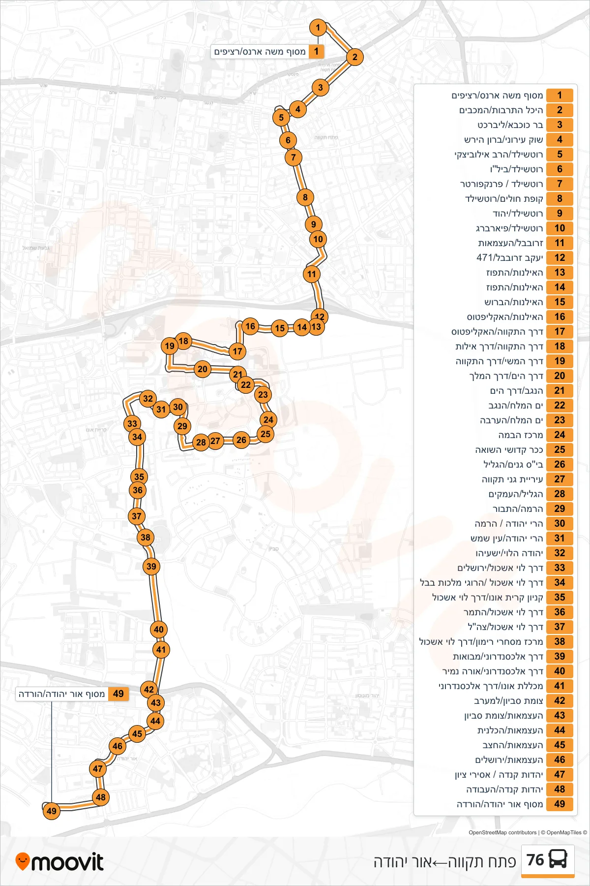 76 bus Line (Petah Tikva‎→Or Yehuda) route and stops on a map