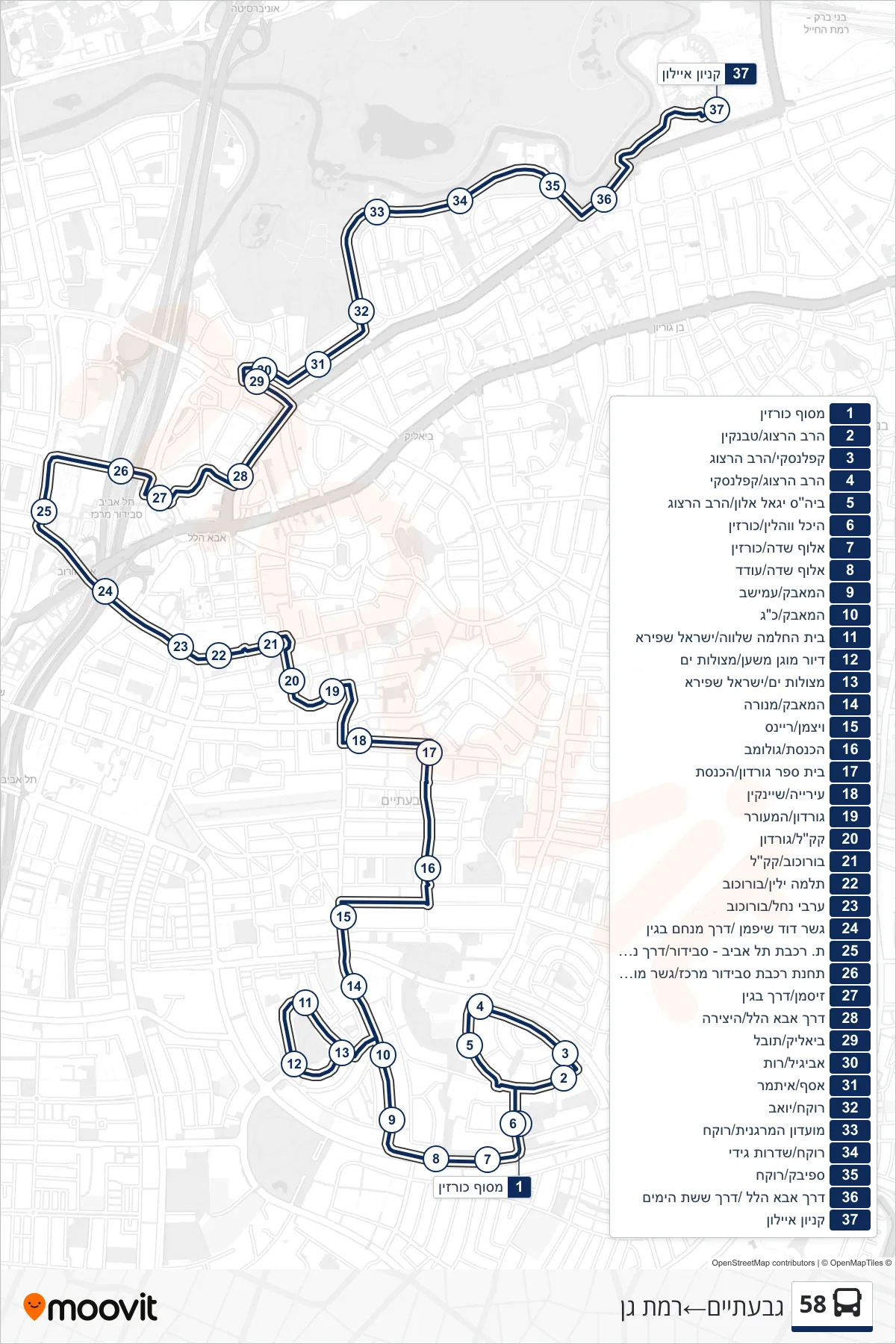 58 bus Line (Givatayim‎→Ramat Gan) route and stops on a map
