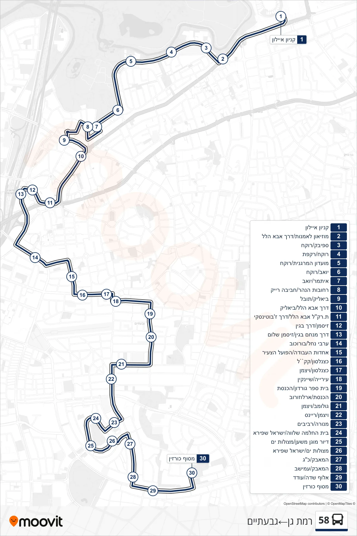 58 bus Line (Ramat Gan‎→Givatayim) route and stops on a map