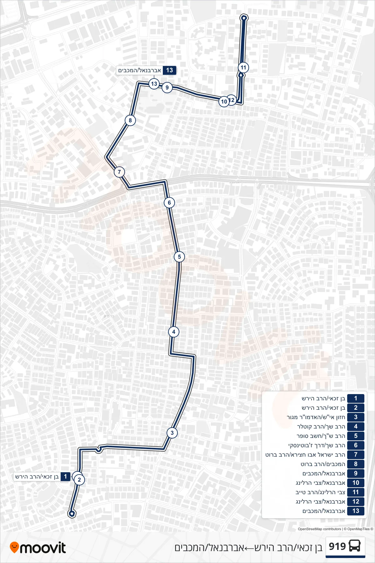 919 bus Line (Ben Zakai/HaRav Hirsch‎→Abarbanel/HaMaccabim) route and stops on a map