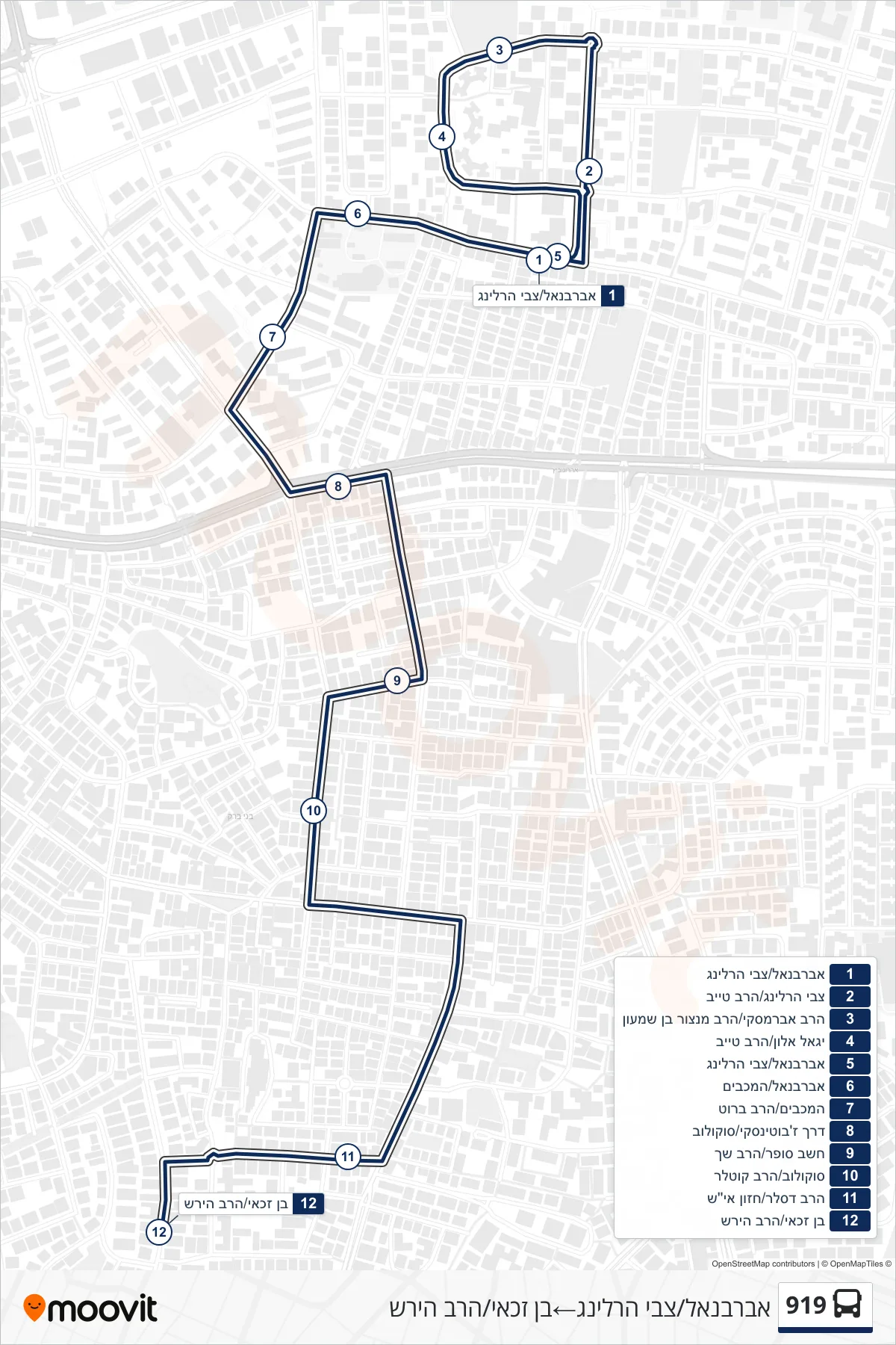 919 bus Line (Abarbanel/Tzvi Harling‎→Ben Zakai/HaRav Hirsch) route and stops on a map