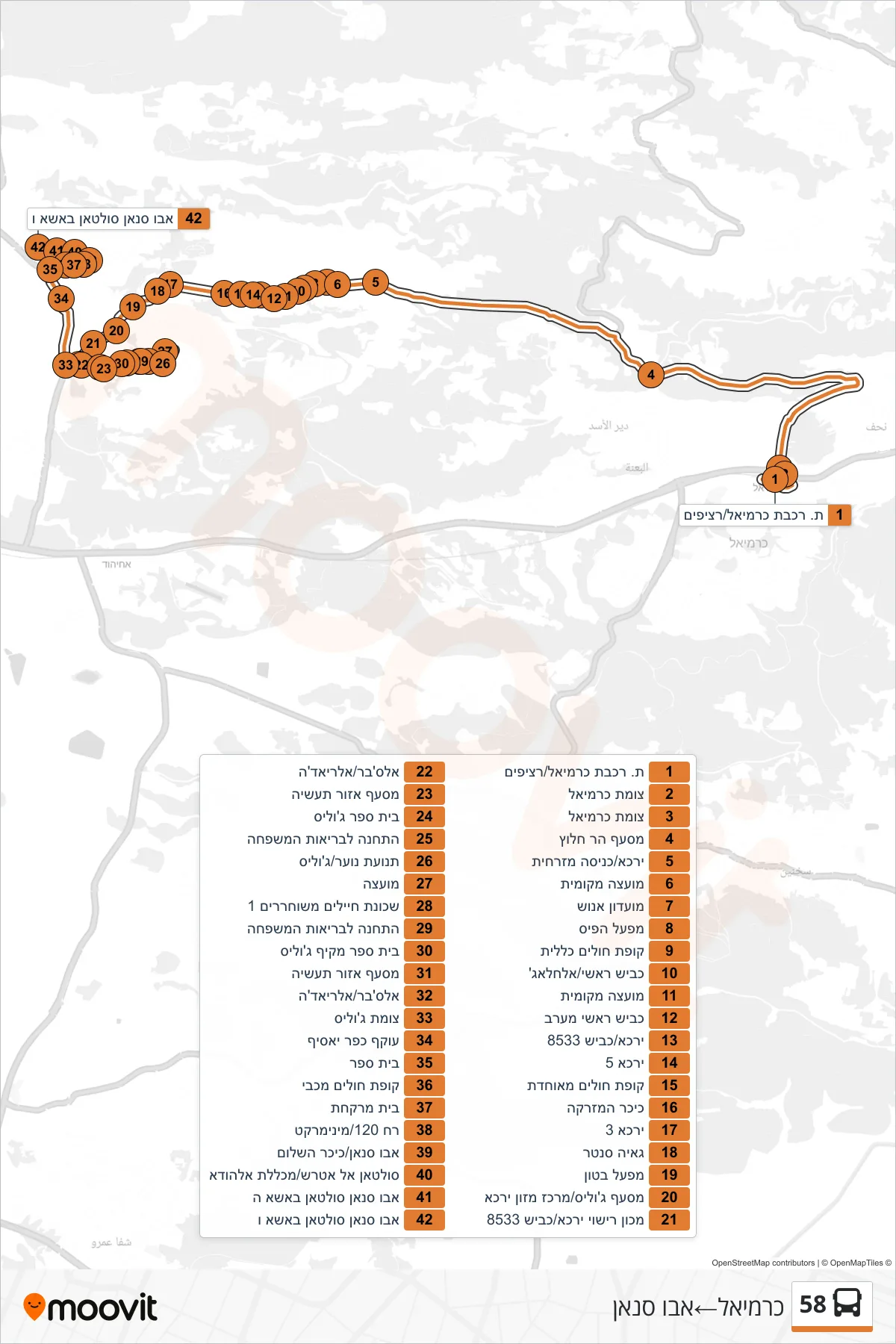 58 bus Line (Carmiel‎→Abu Sinan) route and stops on a map