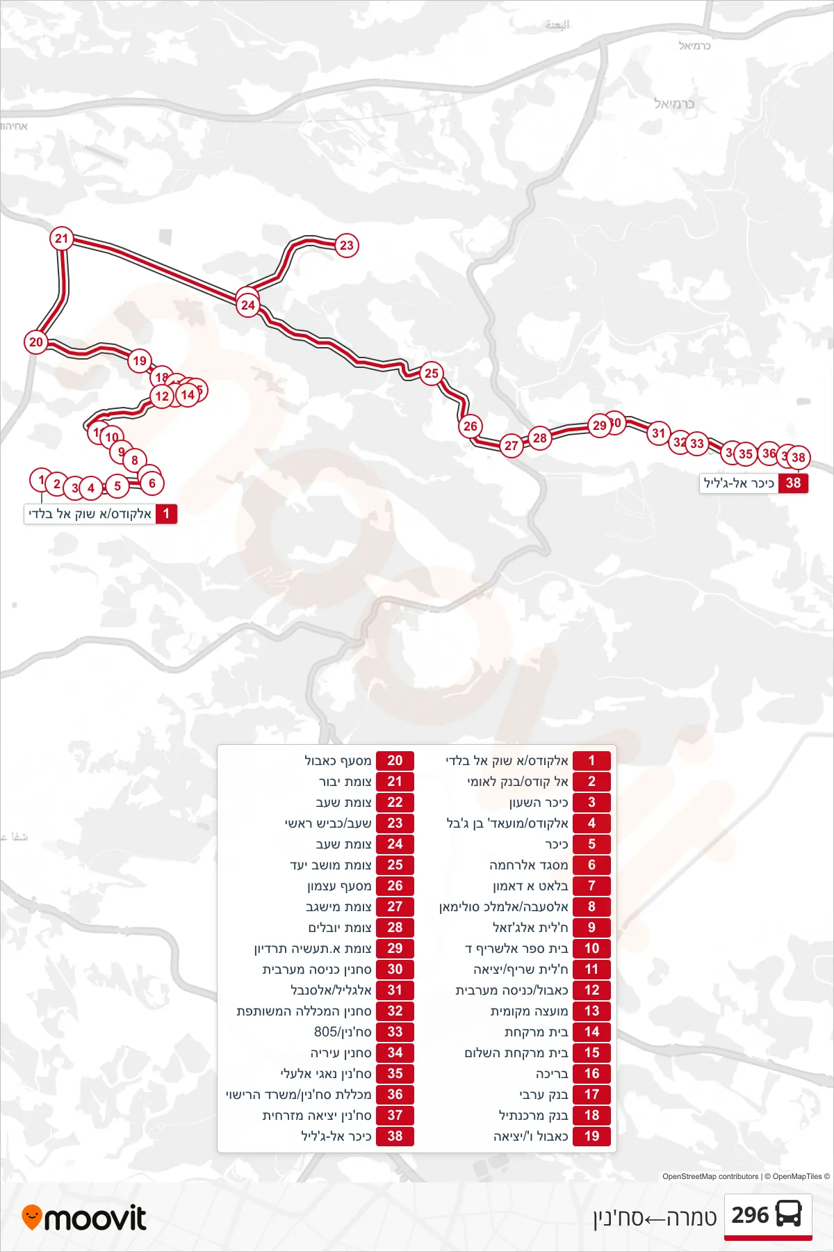296 bus Line (Tamra‎→Sakhnin) route and stops on a map