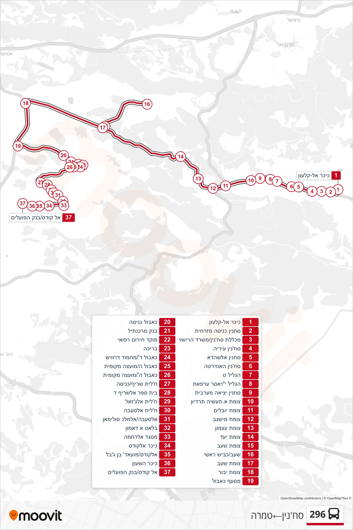 296 bus Line (Sakhnin‎→Tamra) route and stops on a map