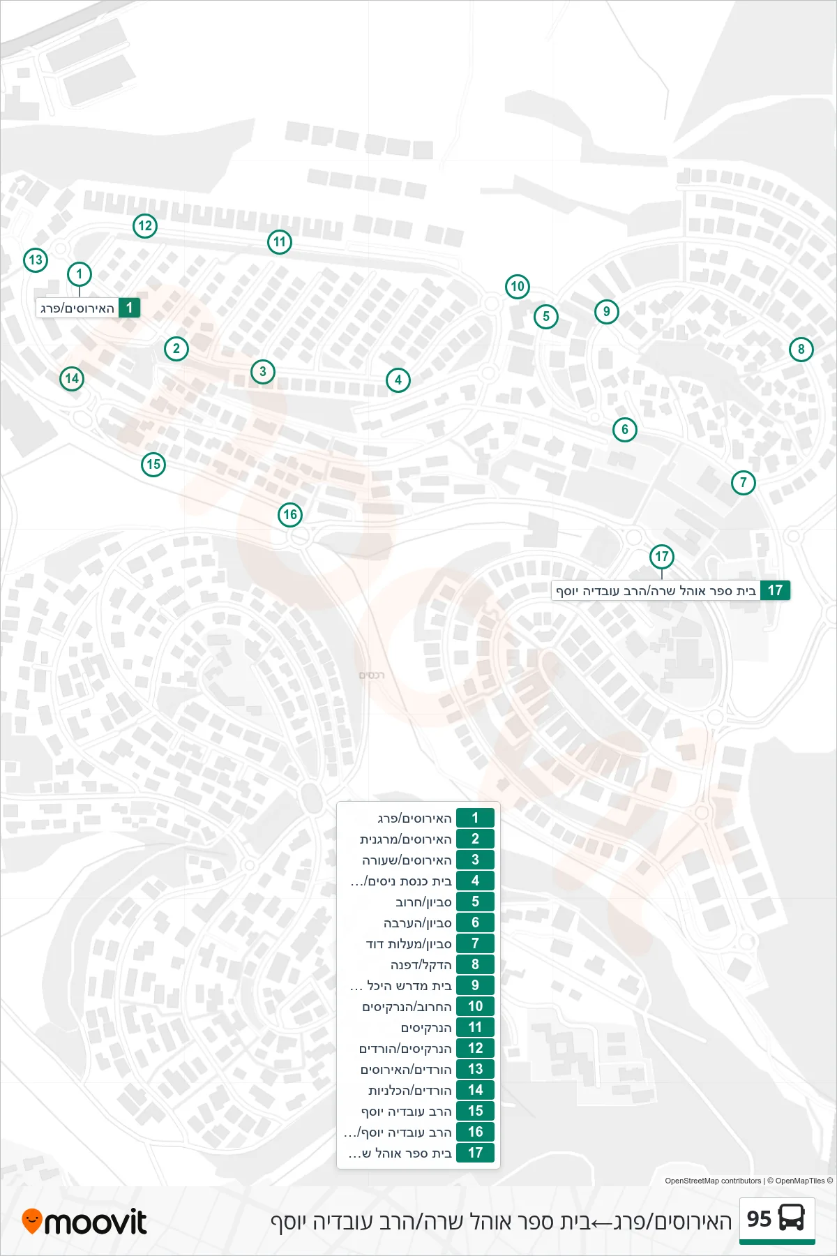 95  Line (HaIrisim/Pereg‎→Ohel Sarah School/Rabbi Ovadia Yosef) route and stops on a map