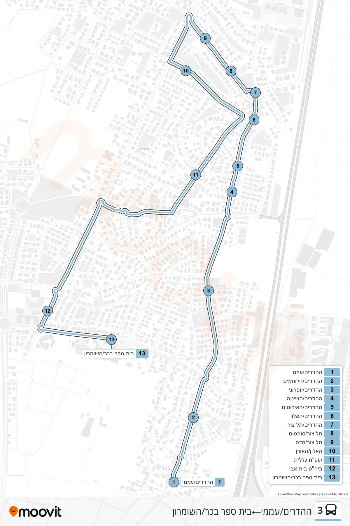 3 bus Line (HaHadarim/Amami‎→Bachar School/HaShomron) route and stops on a map