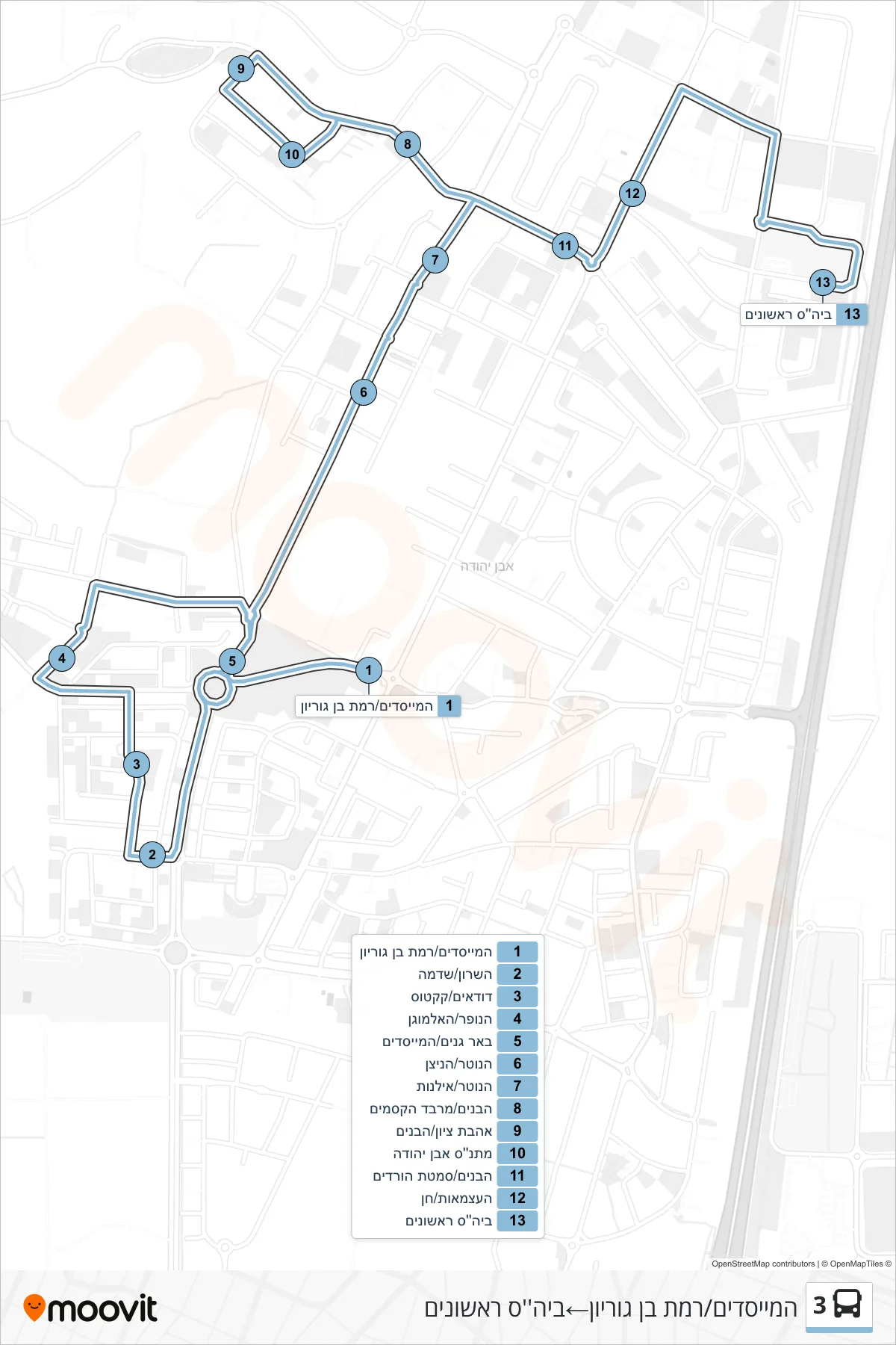 3 bus Line (HaMeyasdim/Ramat Ben Gurion‎→Rishonim School) route and stops on a map