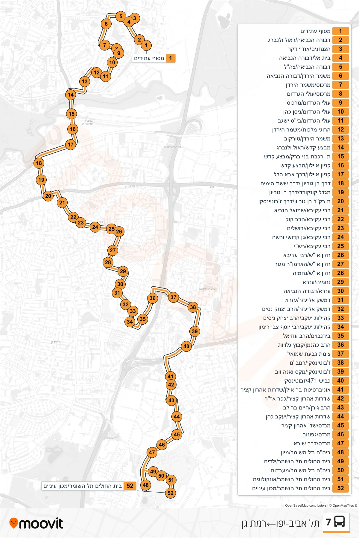 7 bus Line (Tel Aviv-Yafo→Ramat Gan) route and stops on a map