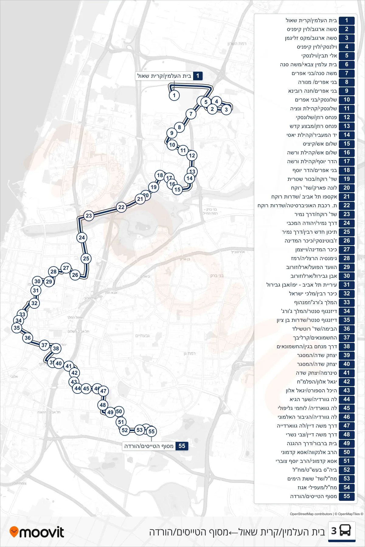 3 bus Line (Cemetery/Kiryat Shaul‎→מסוף הטייסים/הורדה) route and stops on a map