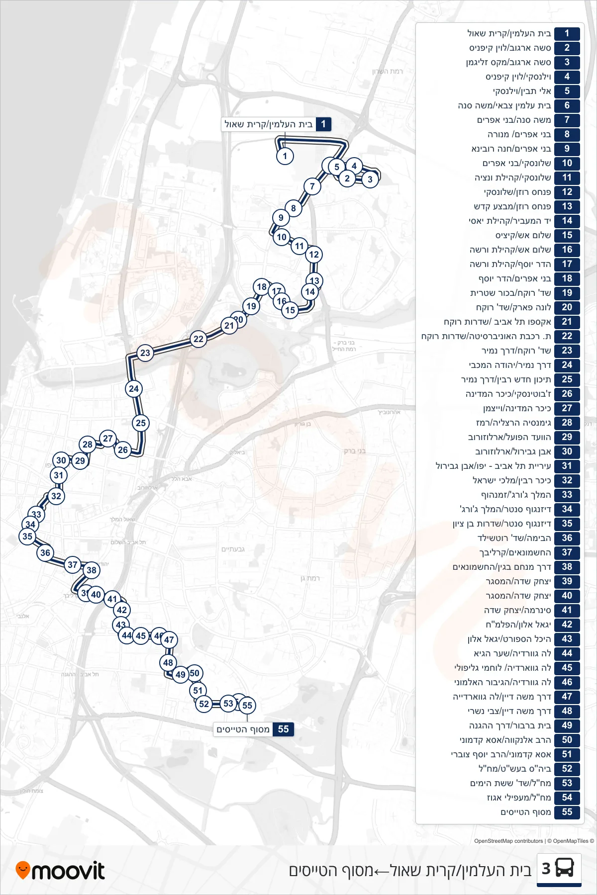 3 bus Line (Cemetery/Kiryat Shaul‎→Pilots Terminal) route and stops on a map
