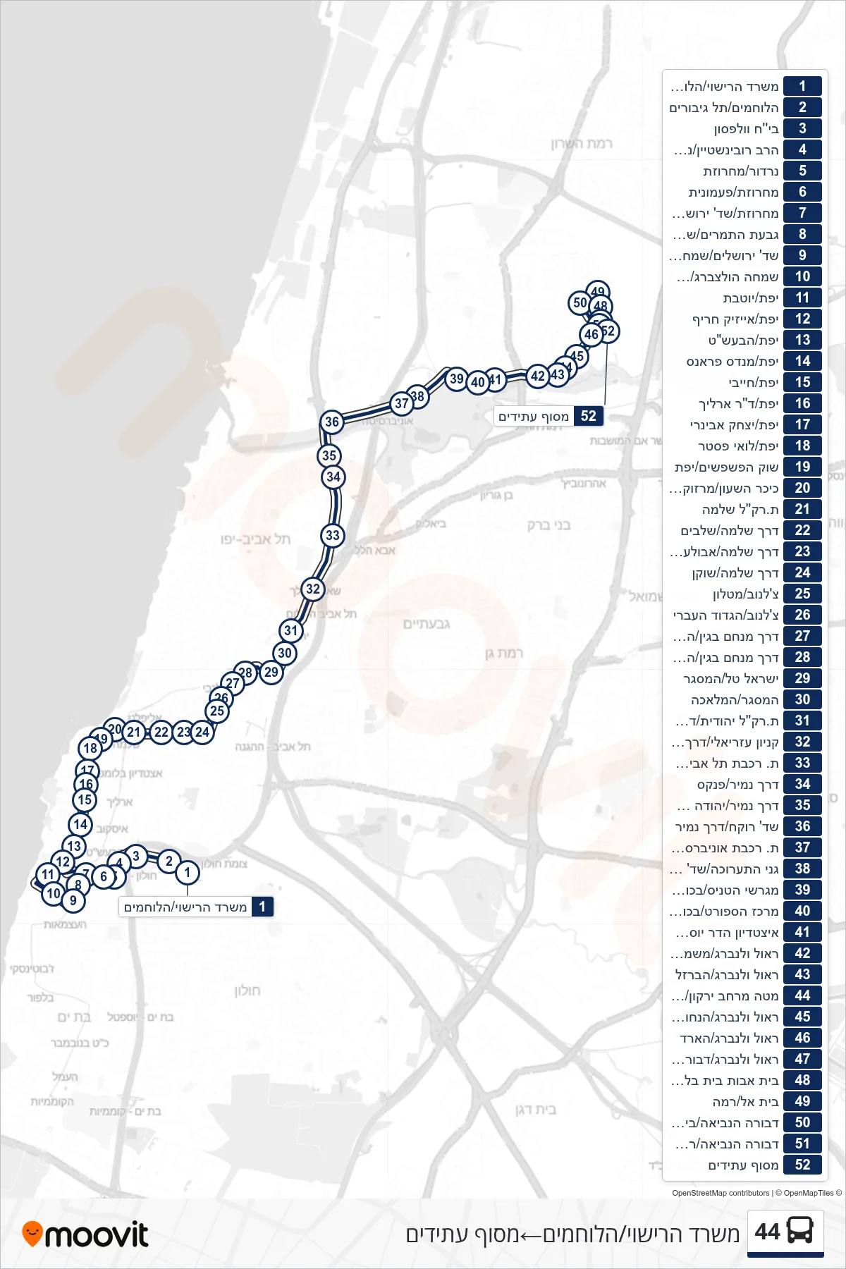 44 bus Line (Vehicle Licensing Office/HaLochamim‎→Atidim Terminal) route and stops on a map