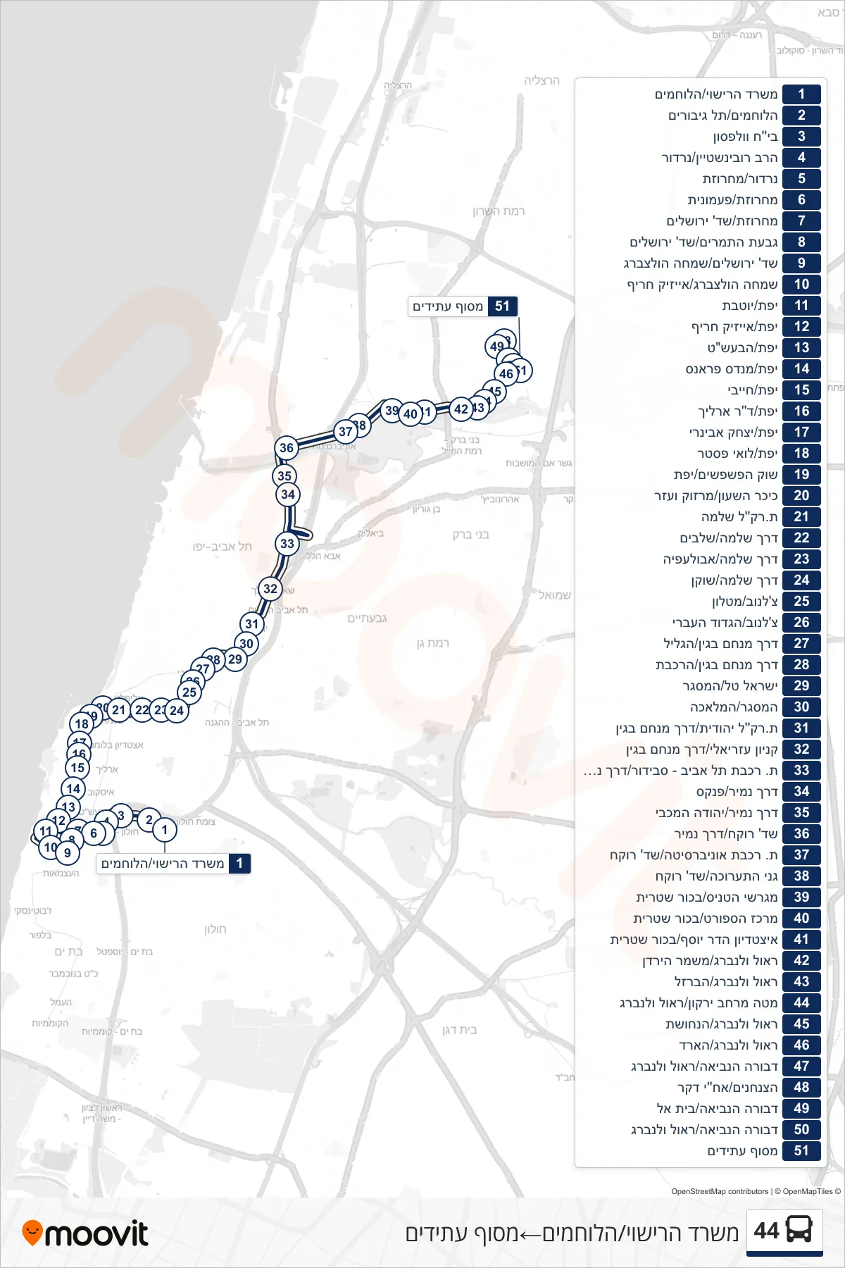 44 bus Line (Vehicle Licensing Office/HaLochamim‎→Atidim Terminal) route and stops on a map
