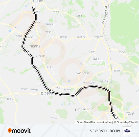 מפת המסלול של קו רכבת ישראל שדרות - באר שבע צפון
