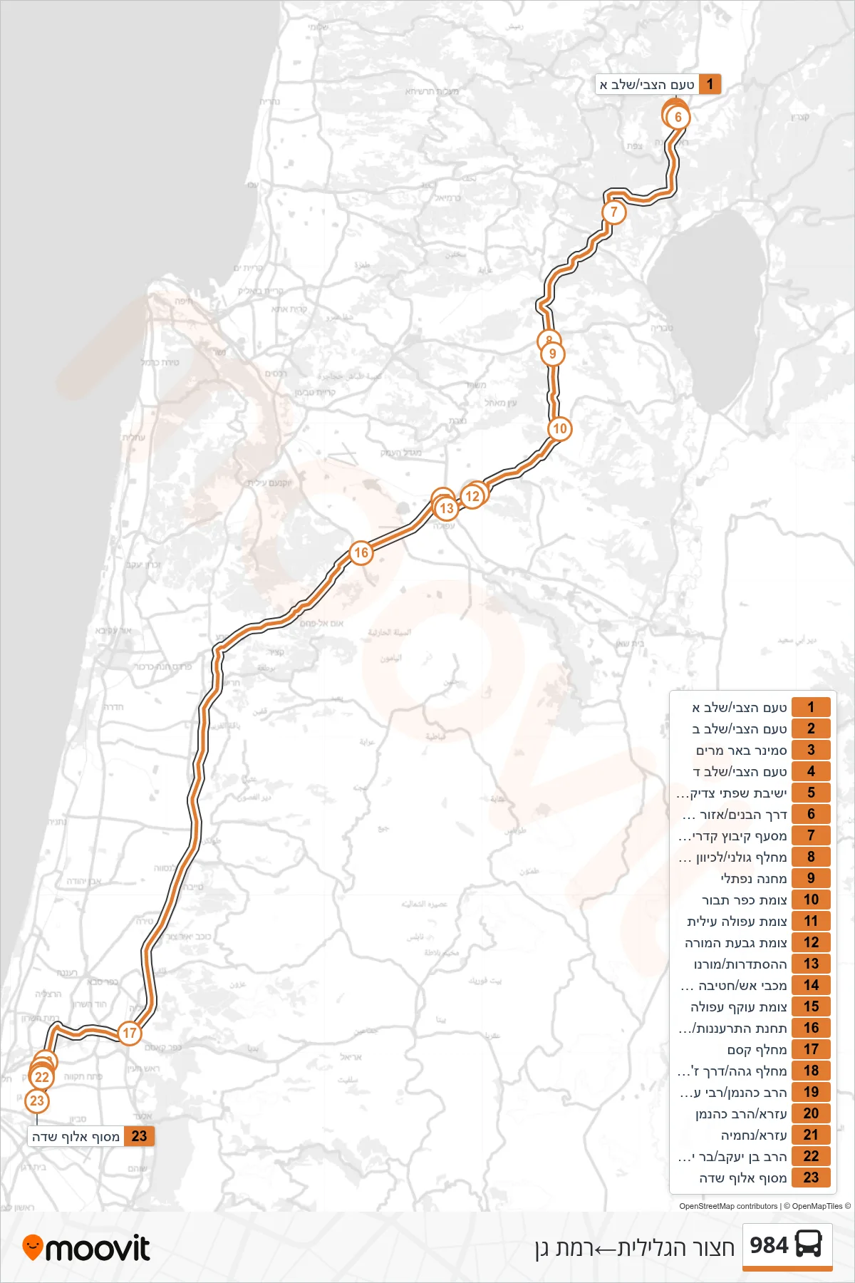 984 bus Line (Hatzor HaGlilit‎→Ramat Gan) route and stops on a map